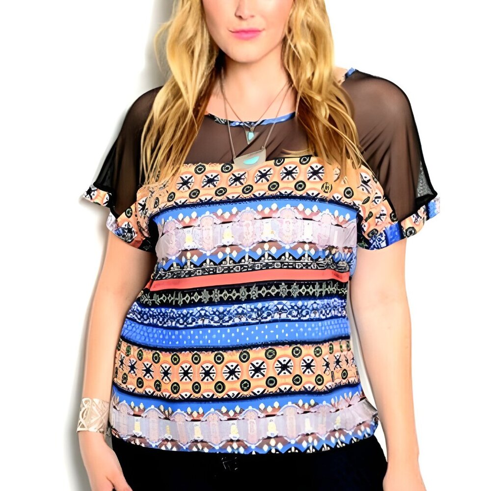 Angela Ladies Top Mesh-Yoke Kimono-Sleeve Blue Print Size 1XL NWOT